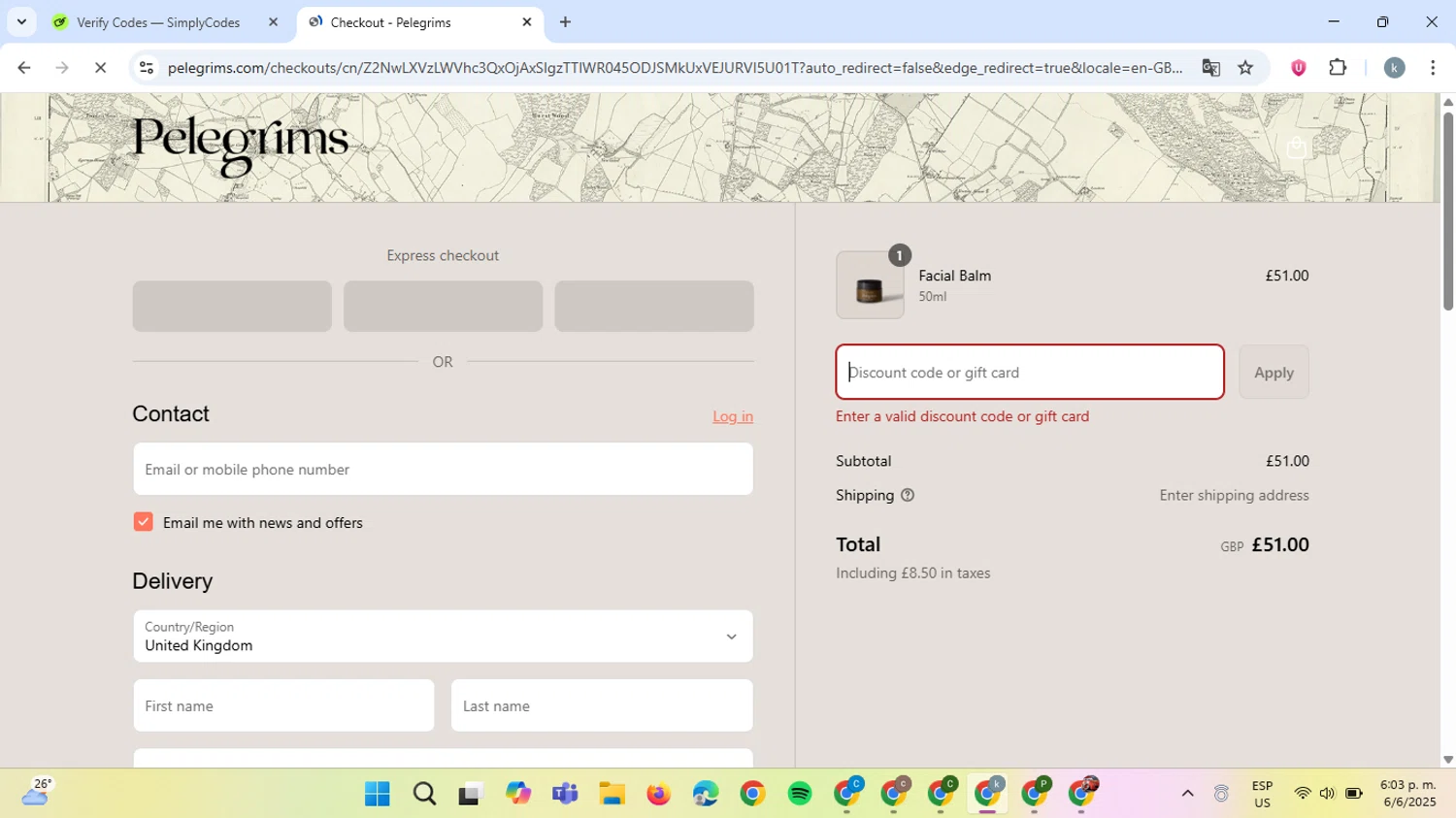 Pelegrims promo code screenshot showing code FIRST25 applied at Pelegrims checkout page. Uploaded by SimplyCodes community member ValiantCaptain6560 on Jun 6, 2025