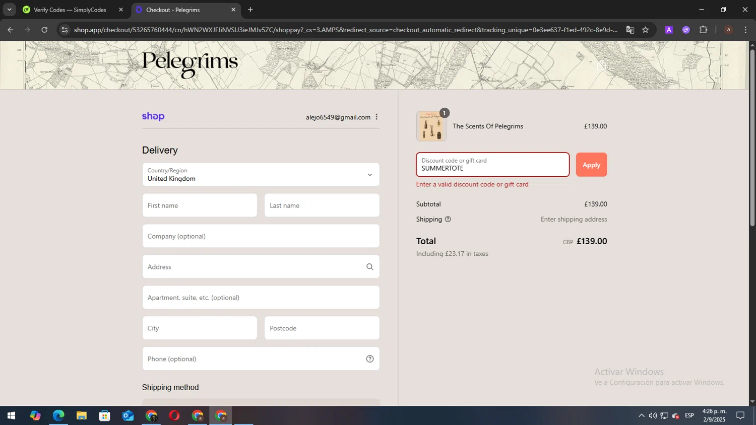 Pelegrims promo code screenshot showing code SUMMERTOTE applied at Pelegrims checkout page. Uploaded by SimplyCodes community member elbicho22 on Sep 2, 2025
