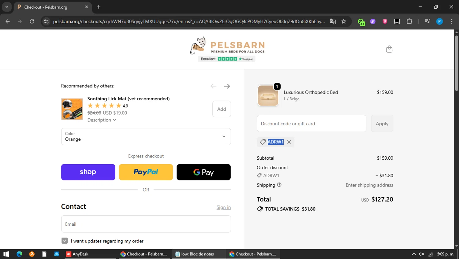 Pelsbarn.org promo code screenshot showing code ADRW1 applied at Pelsbarn.org checkout page. Uploaded by SimplyCodes community member Carolina23 on Feb 3, 2026