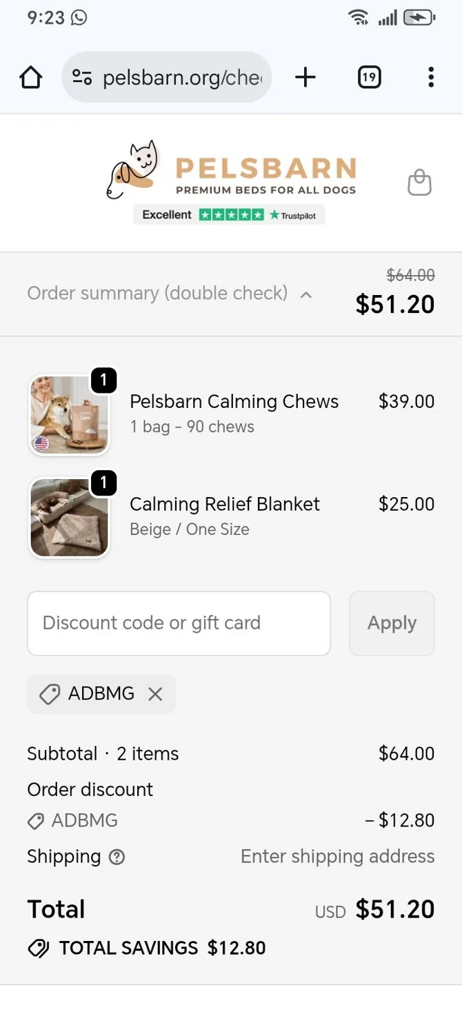 Pelsbarn.org promo code screenshot showing code ADBMG applied at Pelsbarn.org checkout page. Uploaded by SimplyCodes community member franksanchez on Feb 6, 2026