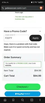 Pelé Soccer coupon verification screenshot