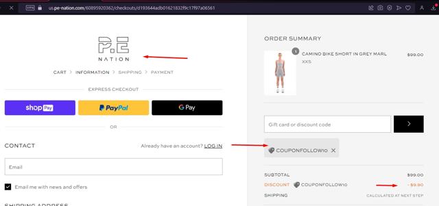 P.E Nation checkout page showing P.E Nation promo code box | Screenshot taken by SimplyCodes community member on Jun 18, 2023