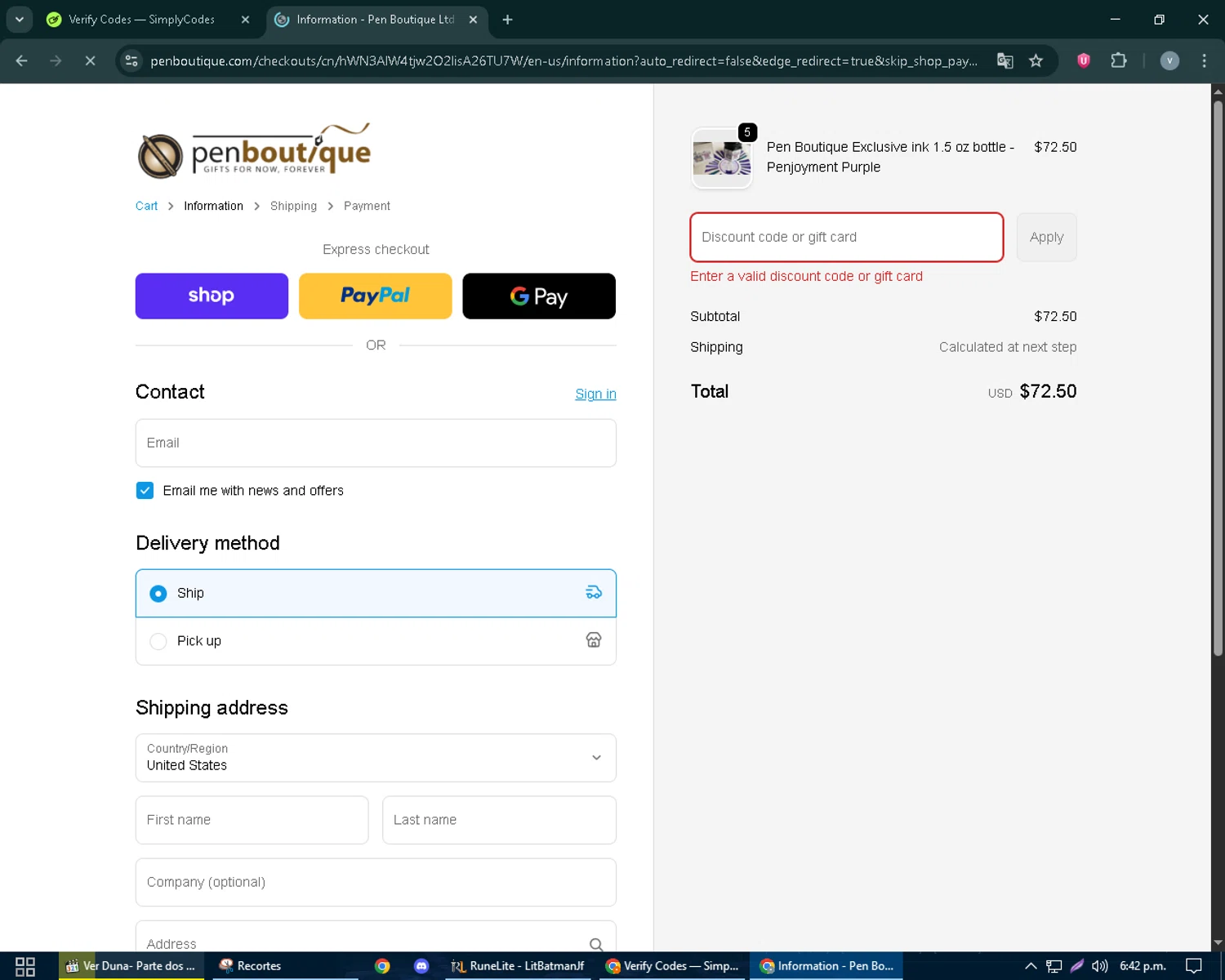Pen Boutique coupon code screenshot showing code JANNAHLYON7 applied at Pen Boutique checkout page. Uploaded by SimplyCodes community member charmander589 on Sep 19, 2025