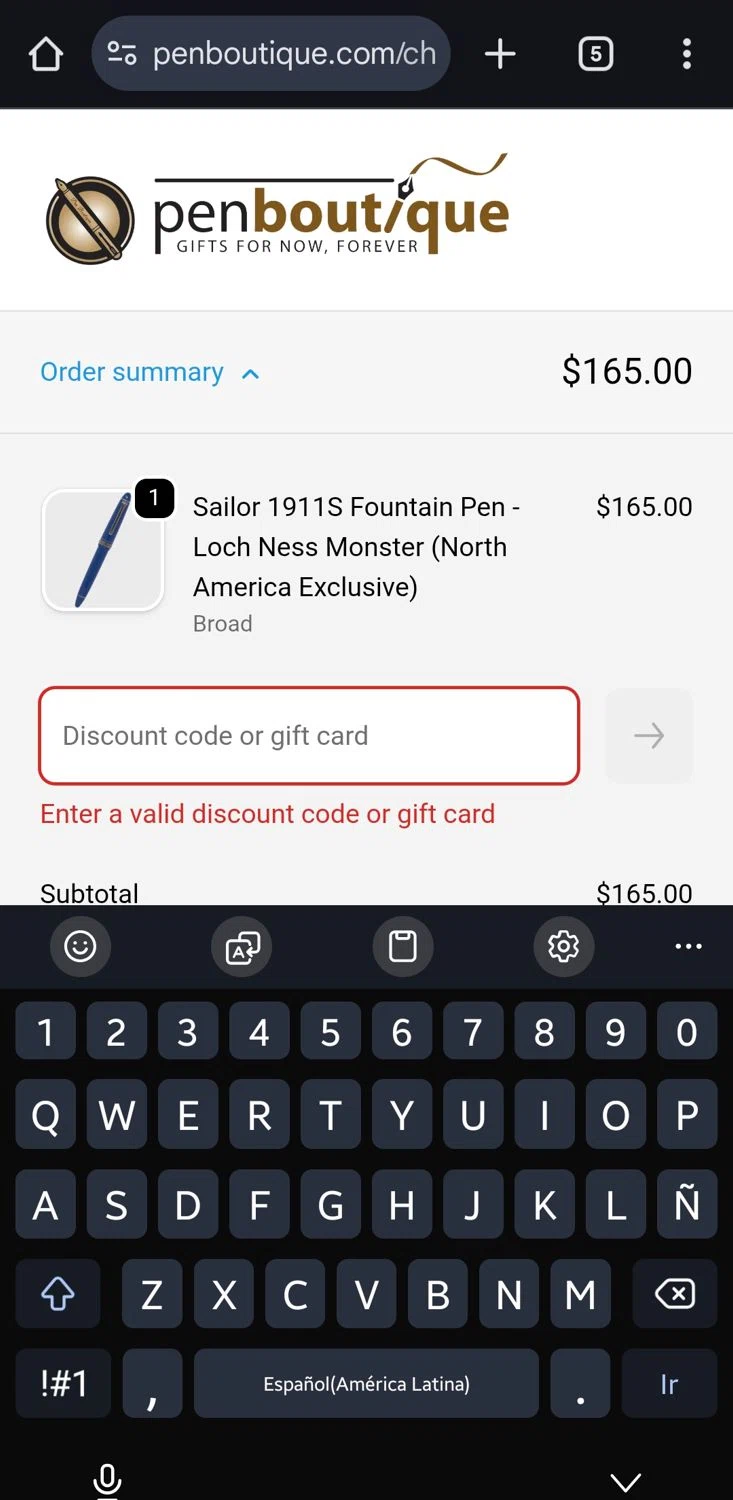 Pen Boutique coupon code screenshot showing code JANNAHLYON7 applied at Pen Boutique checkout page. Uploaded by SimplyCodes community member gerardlaya on Sep 19, 2025