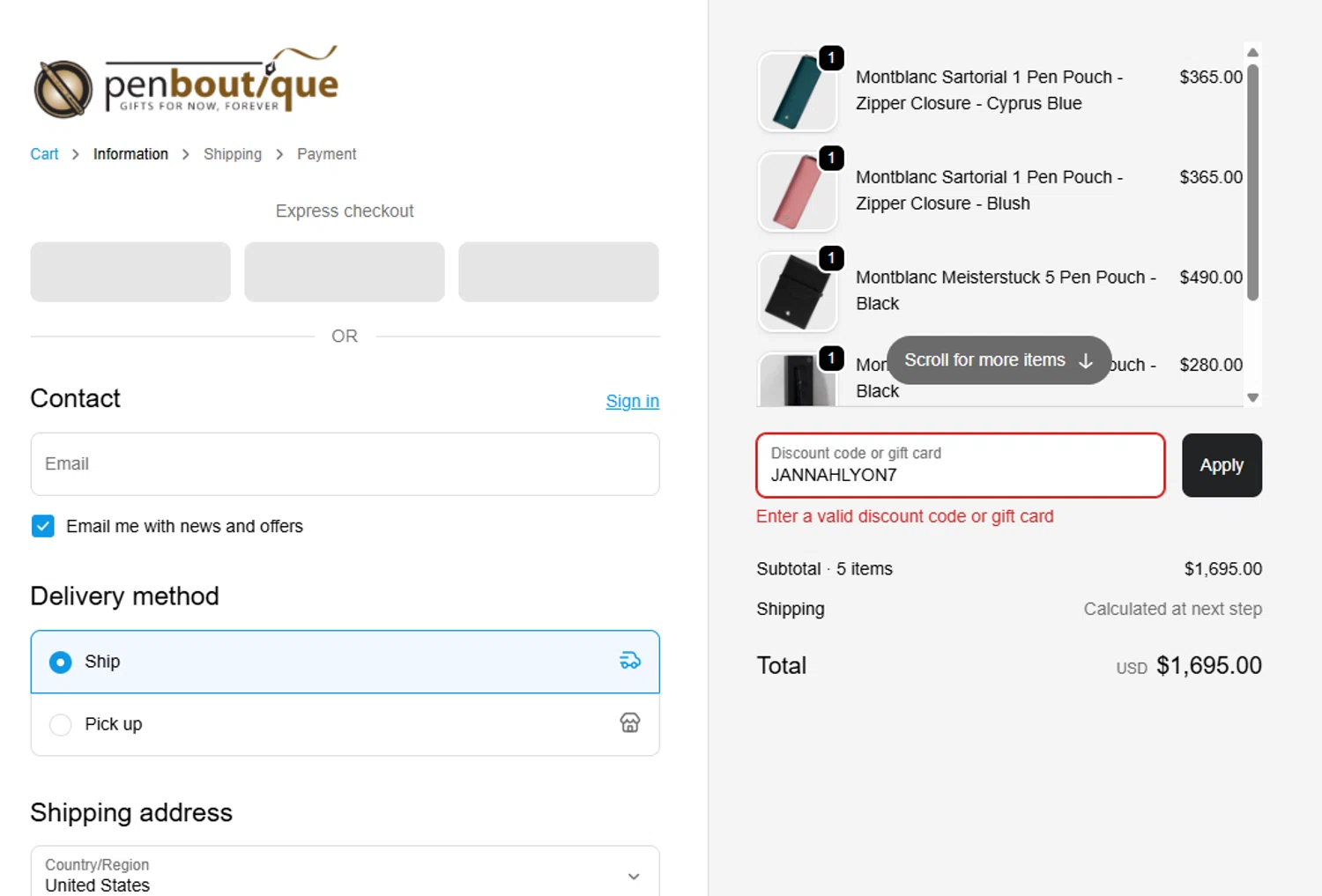 Pen Boutique coupon code screenshot showing code JANNAHLYON7 applied at Pen Boutique checkout page. Uploaded by SimplyCodes community member josemiguelaponte on Sep 19, 2025
