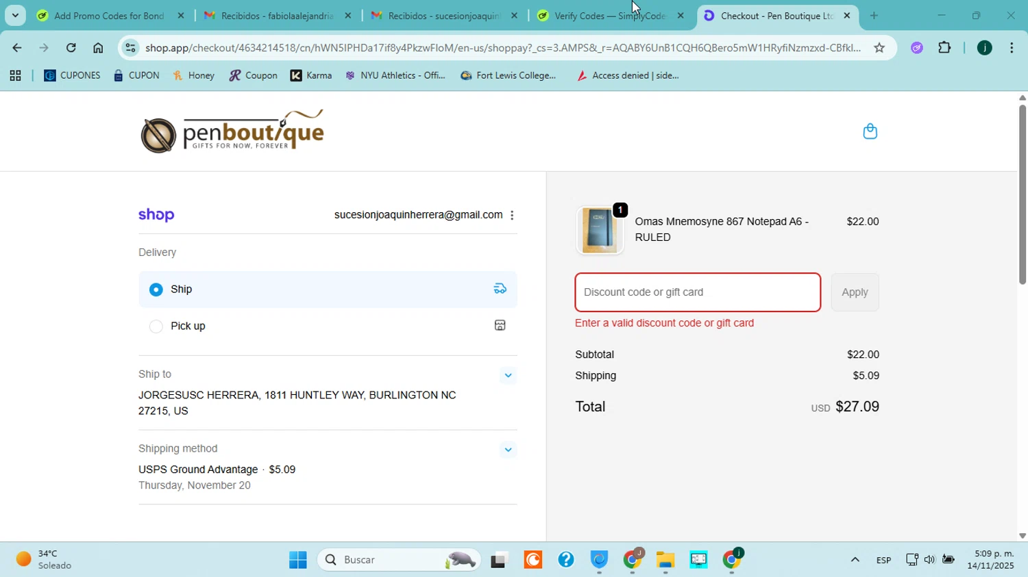 Pen Boutique coupon code screenshot showing code JANNAHLYON9 applied at Pen Boutique checkout page. Uploaded by SimplyCodes community member ABHF23 on Nov 14, 2025