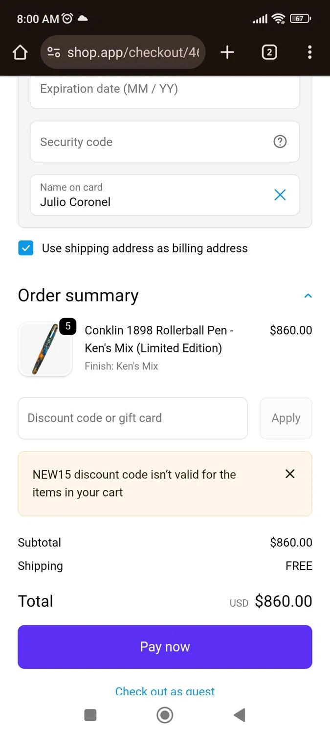 Pen Boutique checkout page showing Pen Boutique coupon code box | Screenshot taken by SimplyCodes community member on Jan 2, 2026