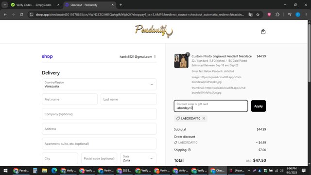 Pendantify checkout page showing Pendantify discount code box | Screenshot taken by SimplyCodes community member on Sep 3, 2025