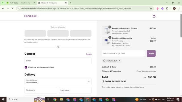 Pendulum checkout page showing Pendulum promo code box | Screenshot taken by SimplyCodes community member on Sep 8, 2025