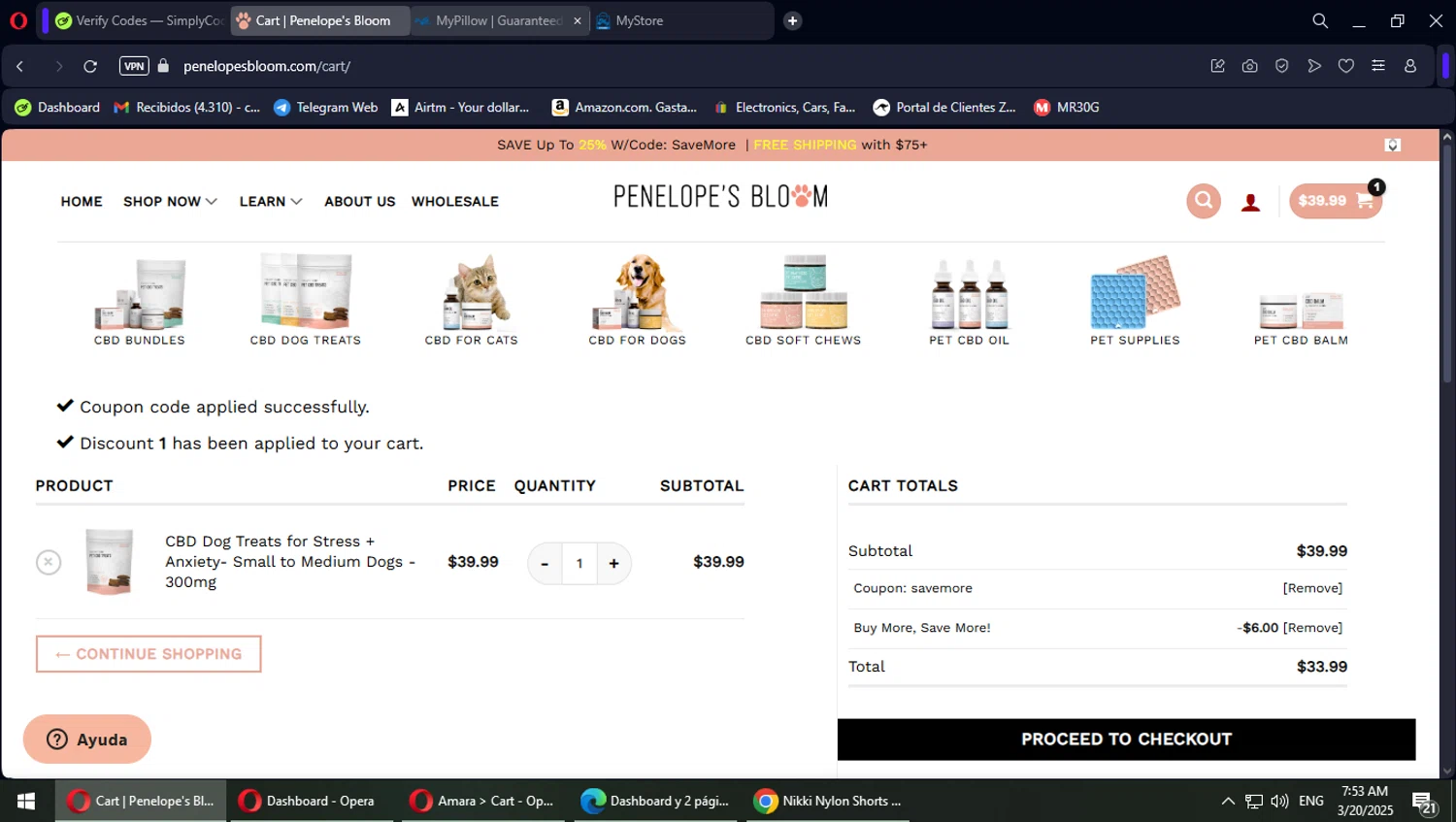 Penelope's Bloom promo code screenshot showing code SAVEMORE applied at Penelope's Bloom checkout page. Uploaded by SimplyCodes community member PokeGOAT on Mar 20, 2025