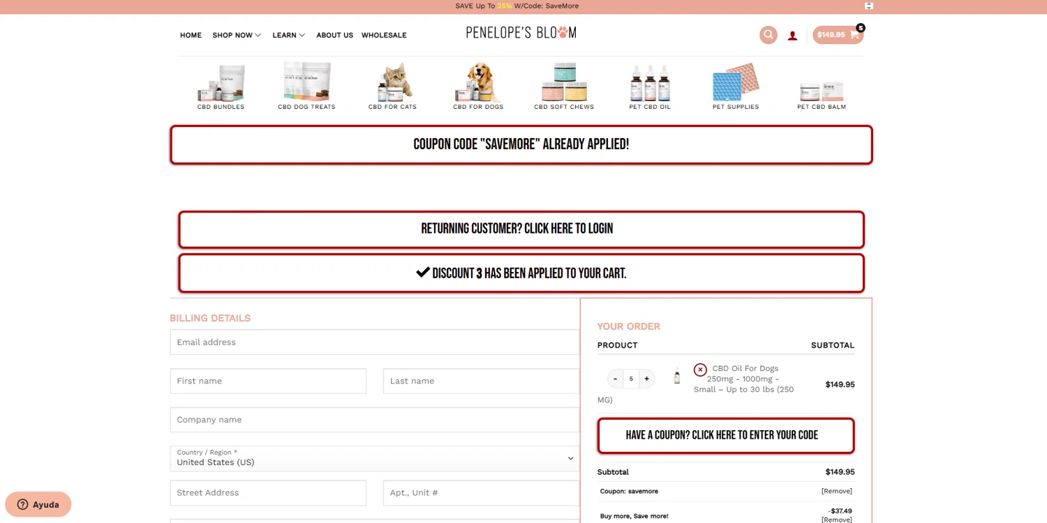 Penelope's Bloom promo code screenshot showing code SAVEMORE applied at Penelope's Bloom checkout page. Uploaded by SimplyCodes community member SmartChaser6420 on Oct 6, 2025