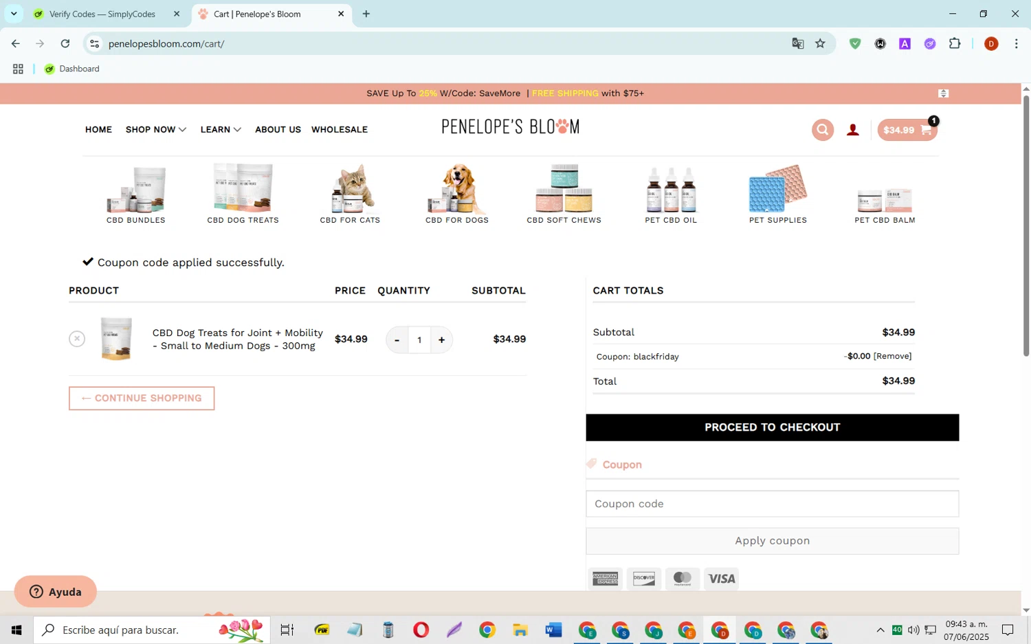 Penelope's Bloom promo code screenshot showing code BLACKFRIDAY applied at Penelope's Bloom checkout page. Uploaded by SimplyCodes community member SaleSaver3540 on Jun 7, 2025