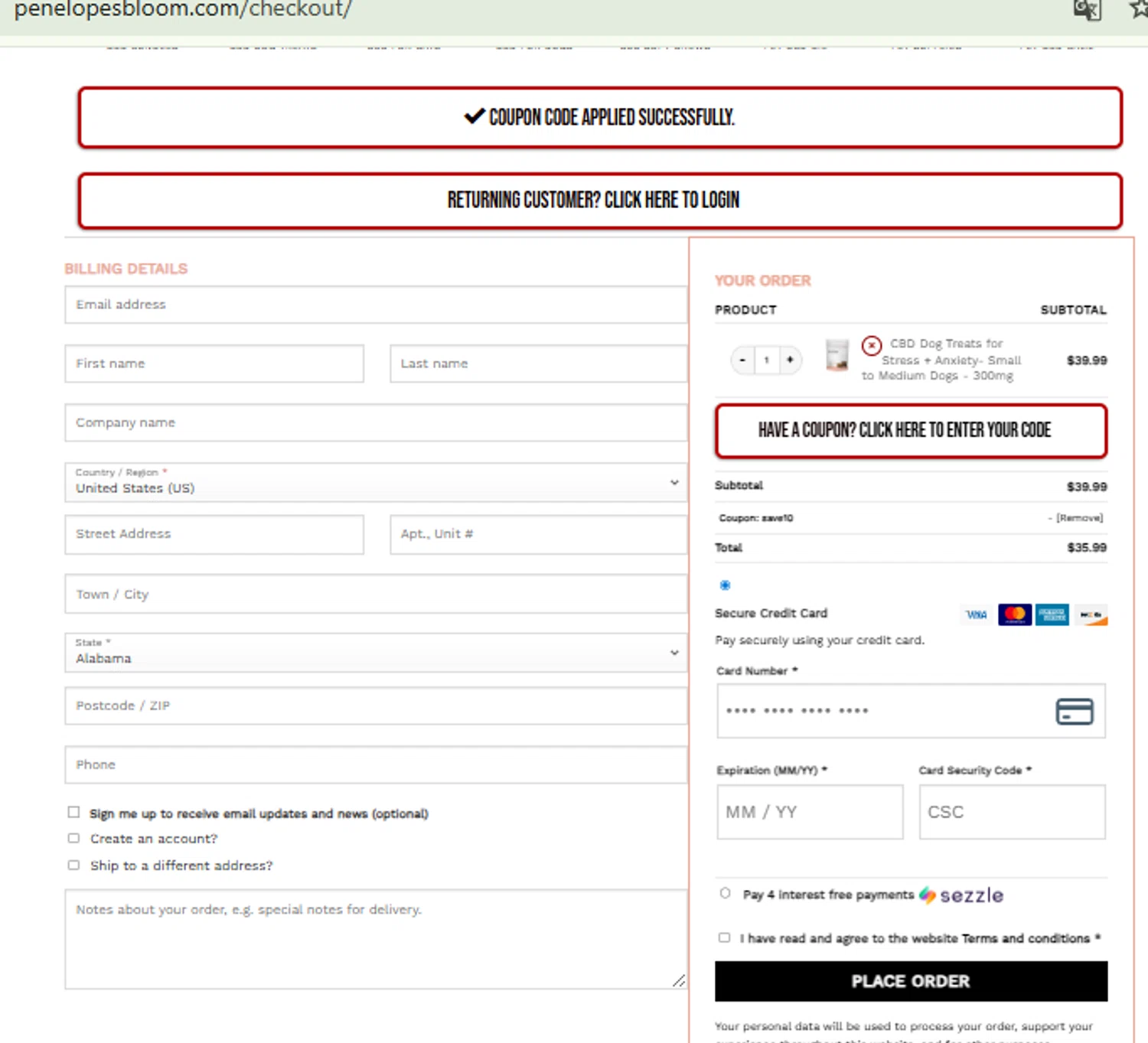 Penelope's Bloom checkout page showing Penelope's Bloom promo code box | Screenshot taken by SimplyCodes community member on Nov 15, 2025