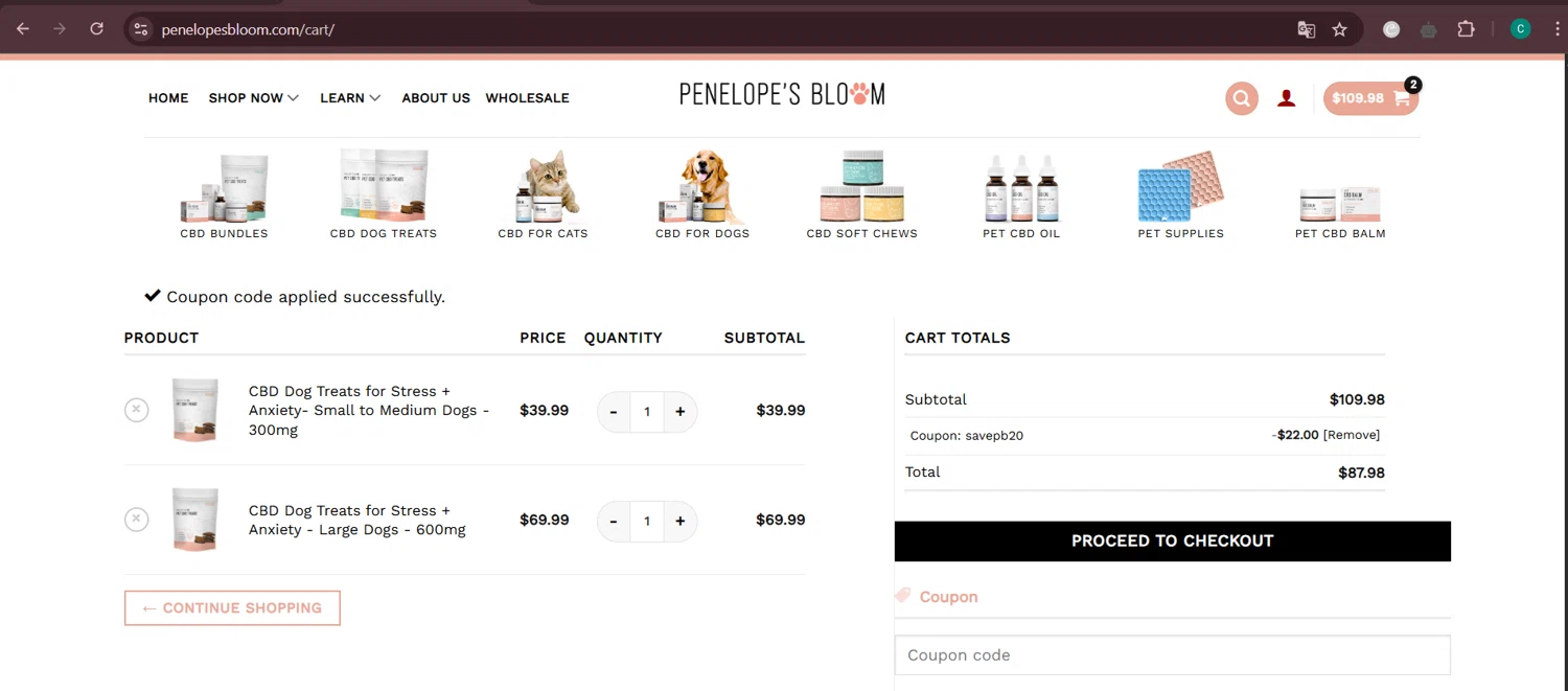 Penelope's Bloom promo code screenshot showing code SAVEPB20 applied at Penelope's Bloom checkout page. Uploaded by SimplyCodes community member Negritoo on May 10, 2025