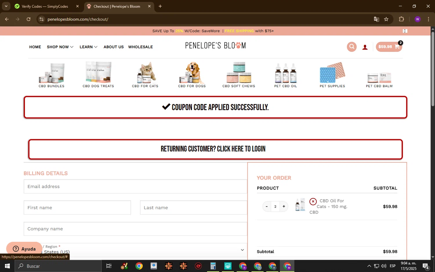 Penelope's Bloom promo code screenshot showing code SAVEPB20 applied at Penelope's Bloom checkout page. Uploaded by SimplyCodes community member ExtraordinaryGuardian7753 on May 17, 2025