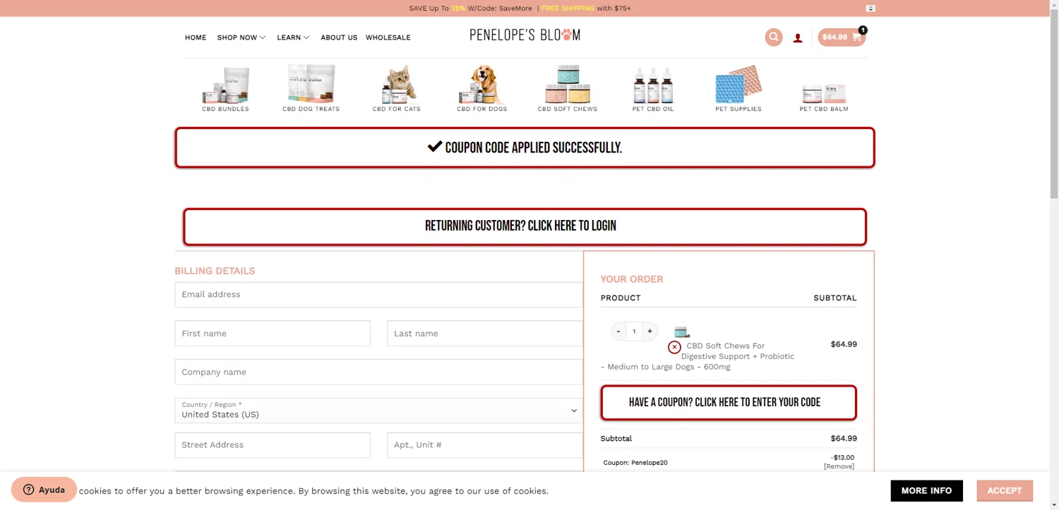 Penelope's Bloom promo code screenshot showing code PENELOPE20 applied at Penelope's Bloom checkout page. Uploaded by SimplyCodes community member CleverLynx8583 on Jun 21, 2025