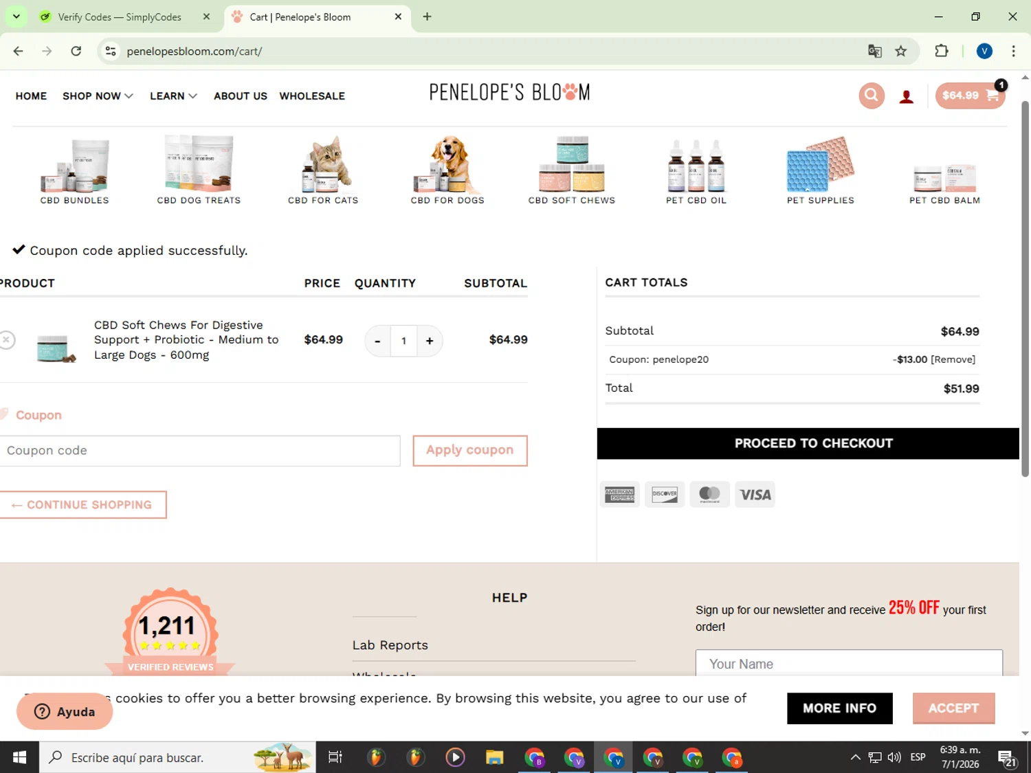 Penelope's Bloom checkout page showing Penelope's Bloom promo code box | Screenshot taken by SimplyCodes community member on Jan 7, 2026