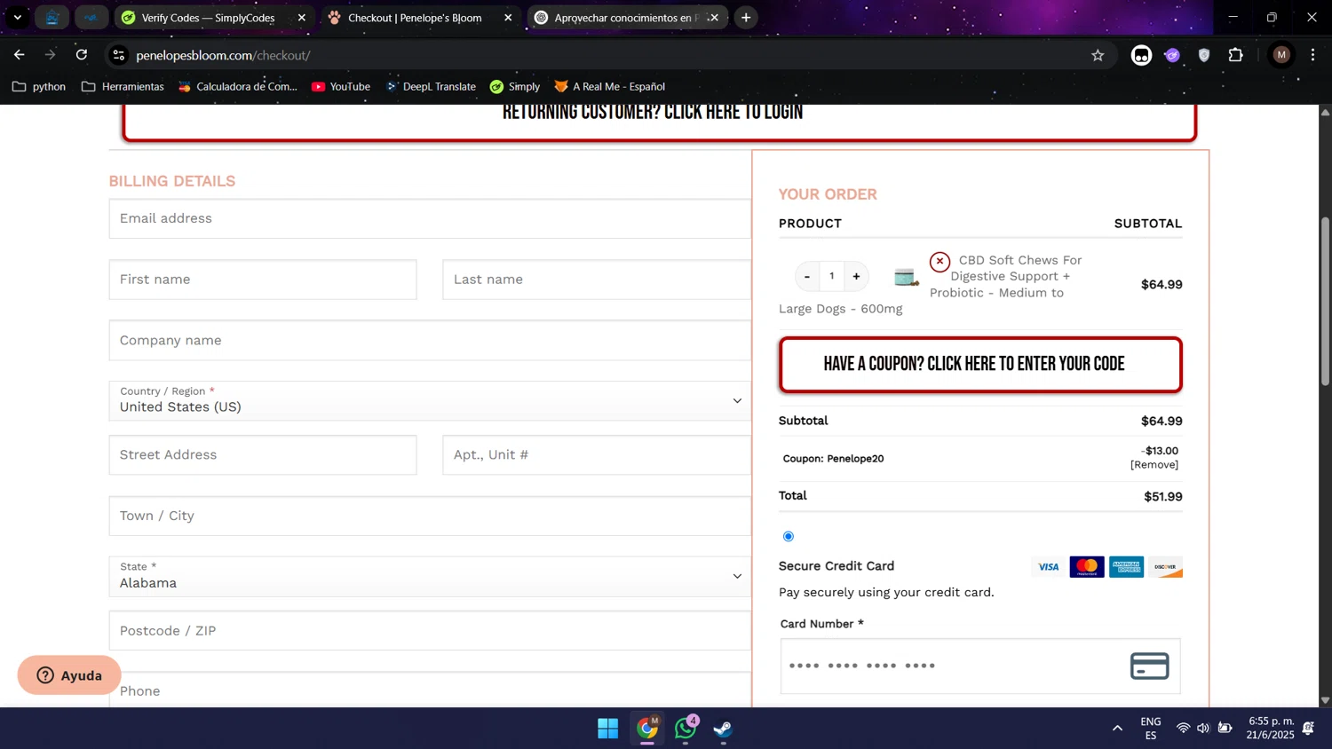 Penelope's Bloom promo code screenshot showing code PENELOPE20 applied at Penelope's Bloom checkout page. Uploaded by SimplyCodes community member Maocar on Jun 21, 2025