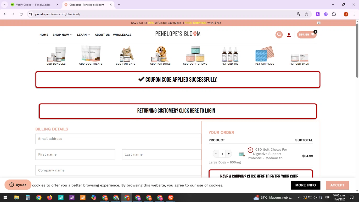 Penelope's Bloom promo code screenshot showing code PENELOPE20 applied at Penelope's Bloom checkout page. Uploaded by SimplyCodes community member MarkZuckerberg on Jun 14, 2025