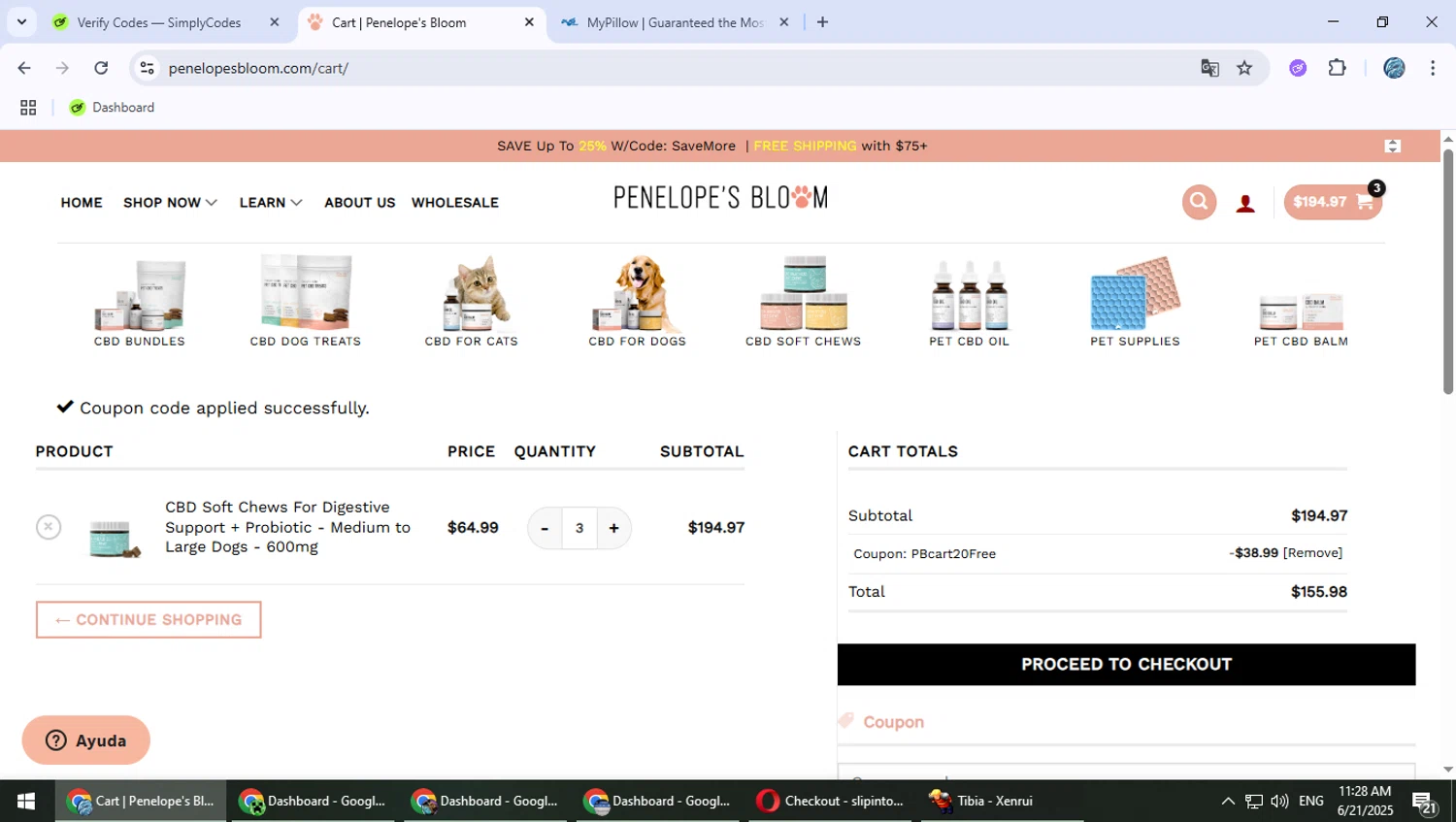 Penelope's Bloom promo code screenshot showing code PBCART20FREE applied at Penelope's Bloom checkout page. Uploaded by SimplyCodes community member PokeGOAT on Jun 21, 2025