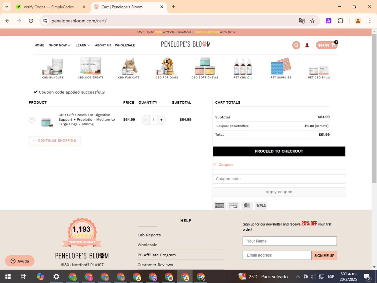 Penelope's Bloom promo code screenshot showing code PBCART20FREE applied at Penelope's Bloom checkout page. Uploaded by SimplyCodes community member TreasurePro466 on Mar 20, 2025