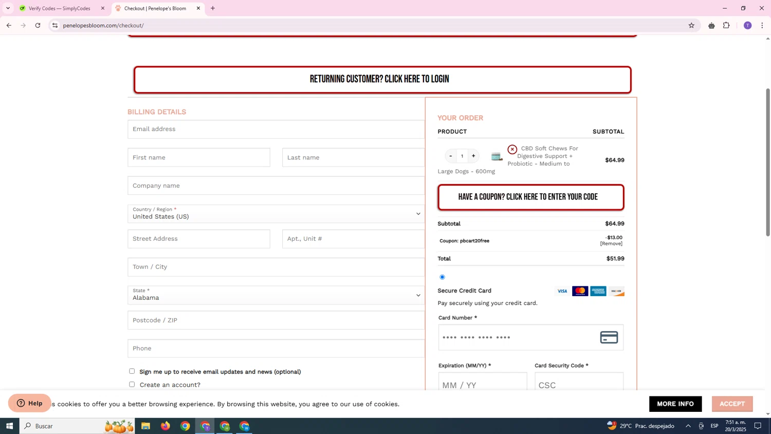 Penelope's Bloom promo code screenshot showing code PBCART20FREE applied at Penelope's Bloom checkout page. Uploaded by SimplyCodes community member FortunateCurator5882 on Mar 20, 2025