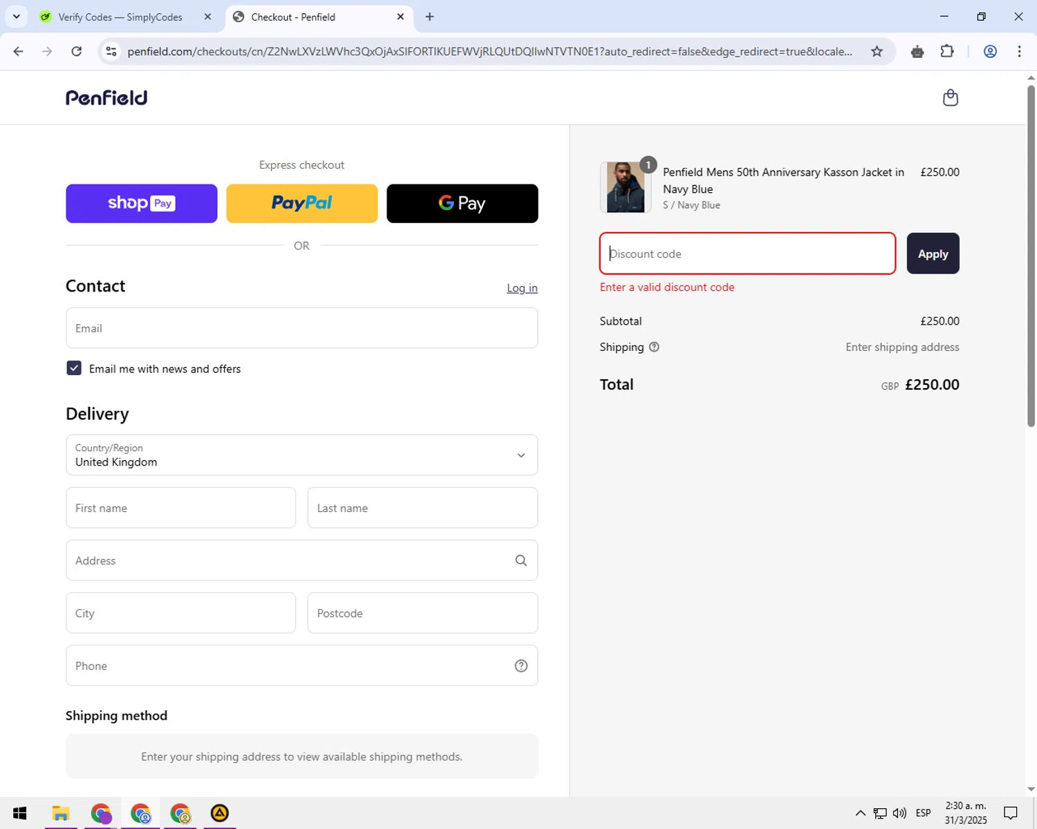 Penfield promo code screenshot showing code EXPLORE10 applied at Penfield checkout page. Uploaded by SimplyCodes community member balance888 on Mar 31, 2025