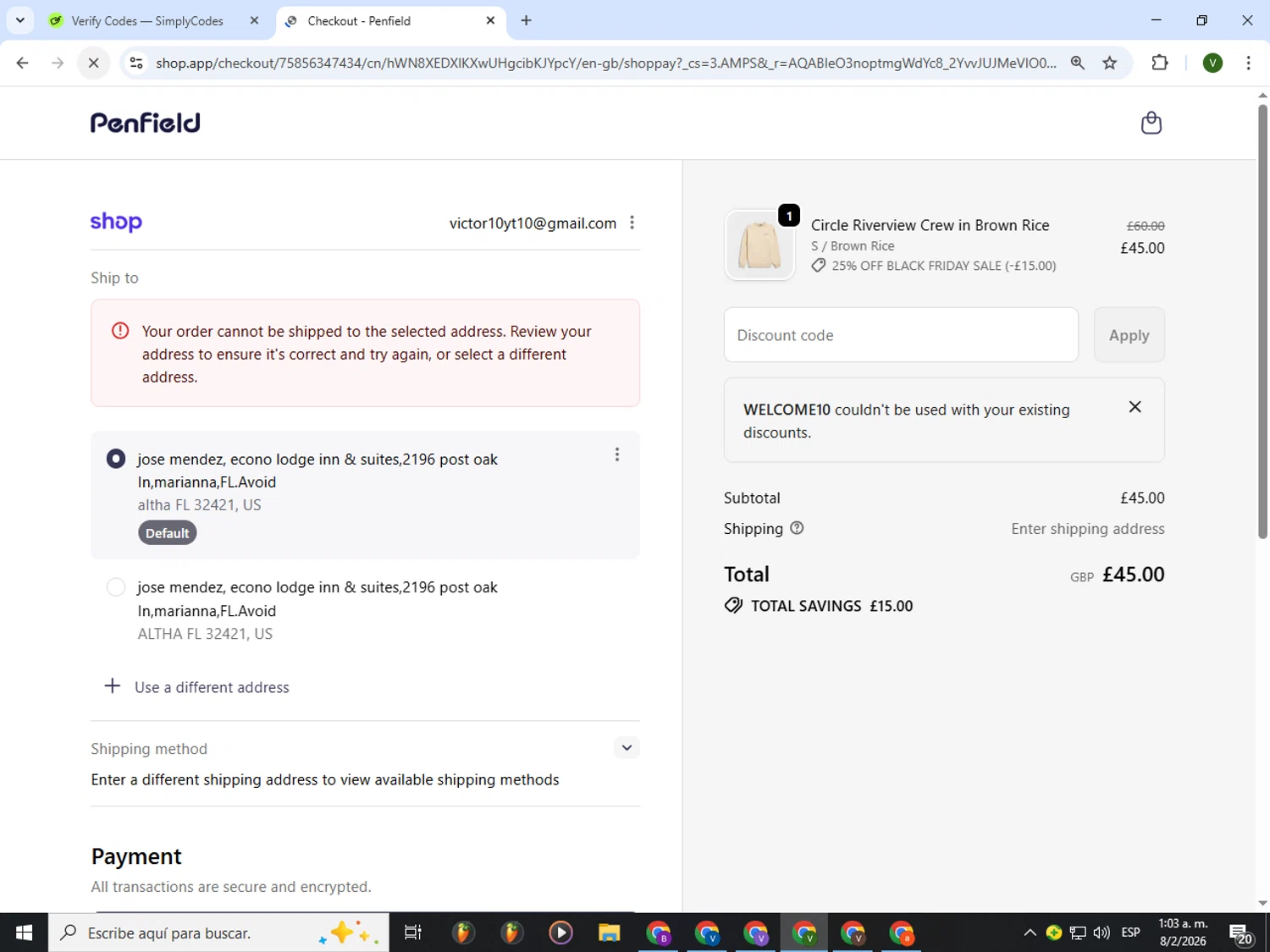 Penfield checkout page showing Penfield promo code box | Screenshot taken by SimplyCodes community member on Feb 8, 2026