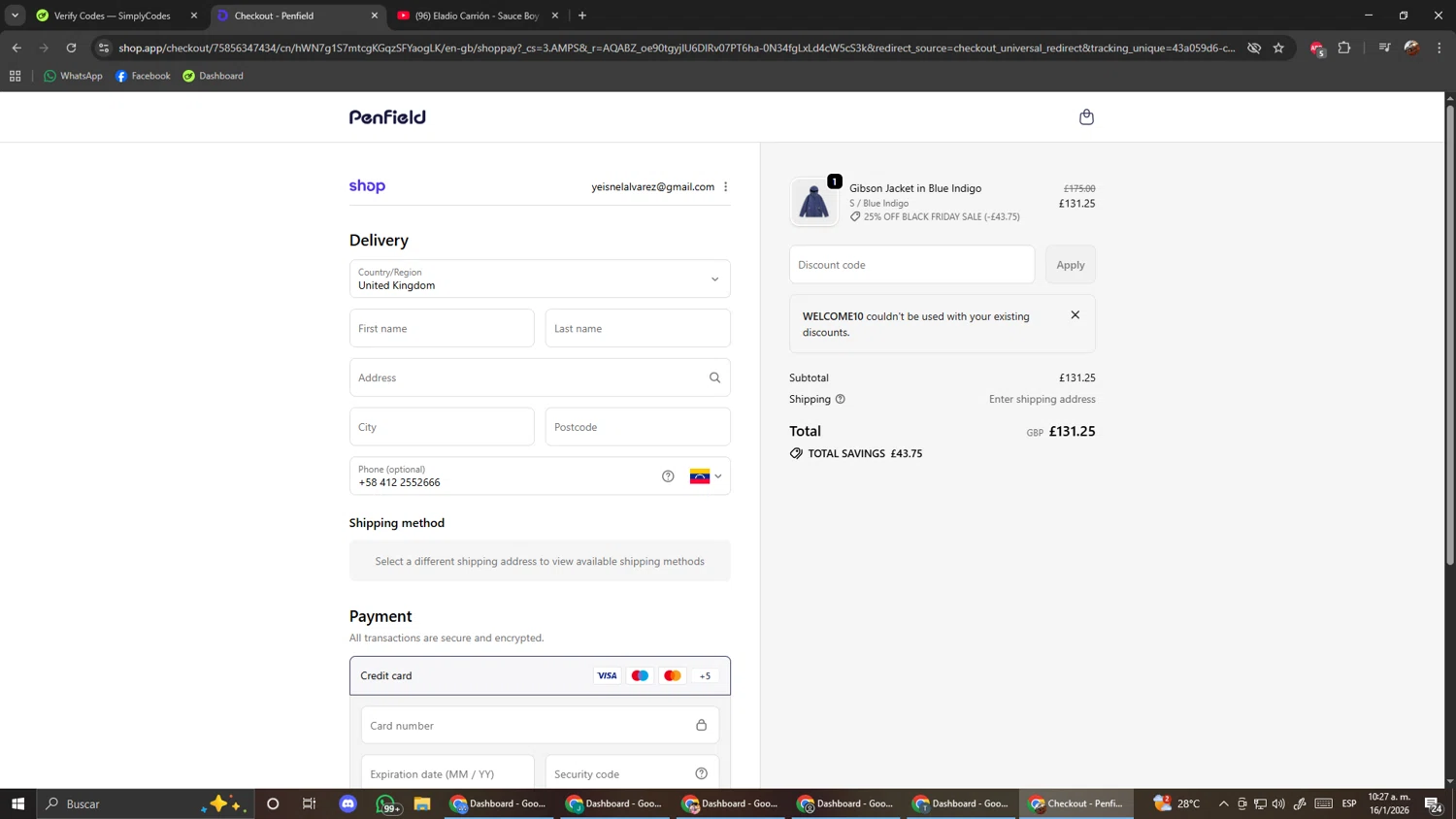 Penfield promo code screenshot showing code WELCOME10 applied at Penfield checkout page. Uploaded by SimplyCodes community member ScanShopper554 on Jan 16, 2026