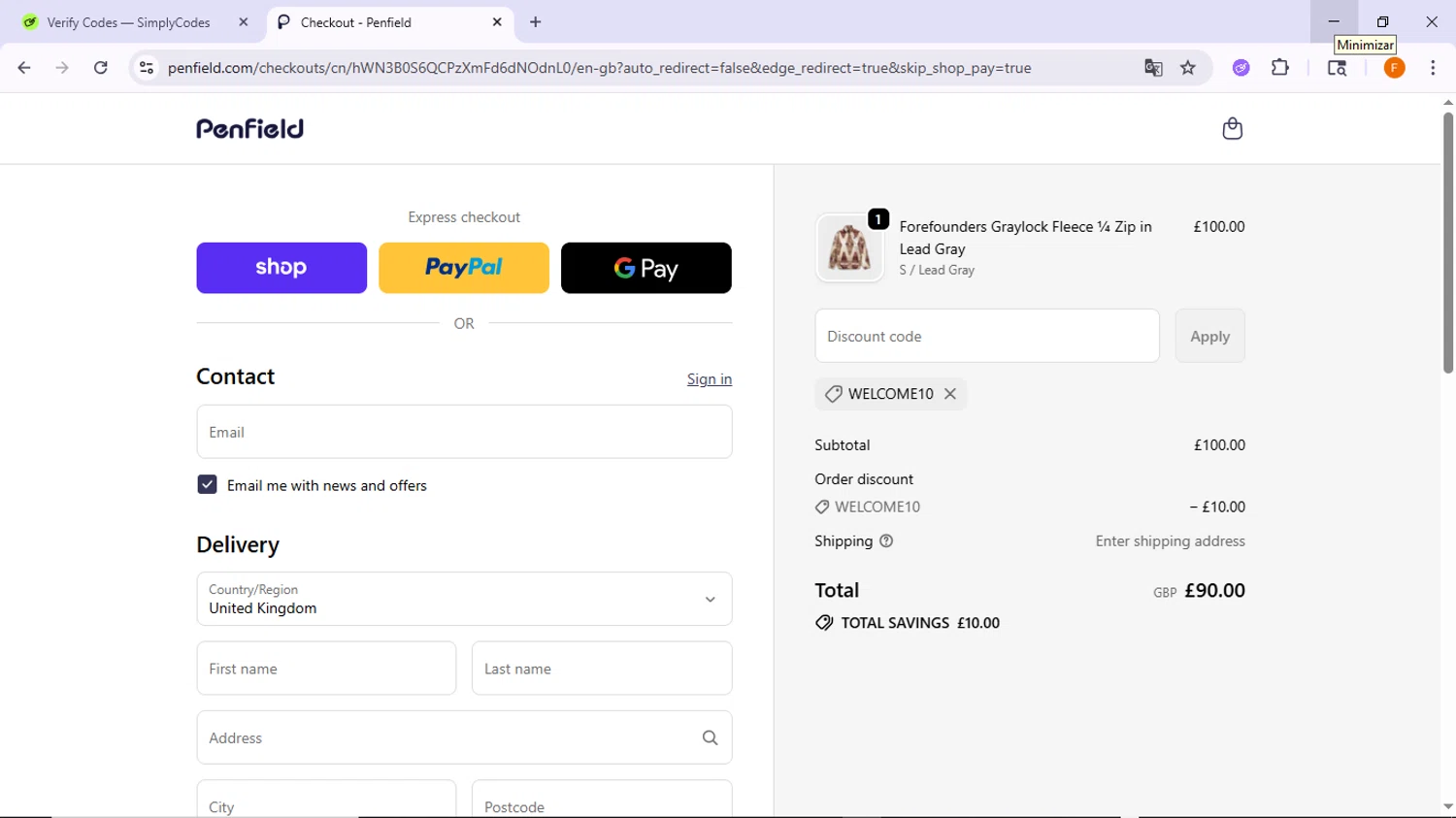 Penfield promo code screenshot showing code WELCOME10 applied at Penfield checkout page. Uploaded by SimplyCodes community member TreasureSleuth5198 on Sep 20, 2025