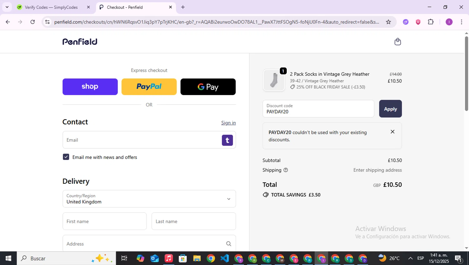 Penfield promo code screenshot showing code PAYDAY20 applied at Penfield checkout page. Uploaded by SimplyCodes community member RebateAce6764 on Dec 15, 2025