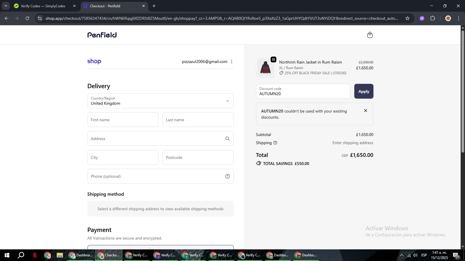 Penfield promo code screenshot showing code AUTUMN20 applied at Penfield checkout page. Uploaded by SimplyCodes community member BonusCaptain9927 on Dec 15, 2025