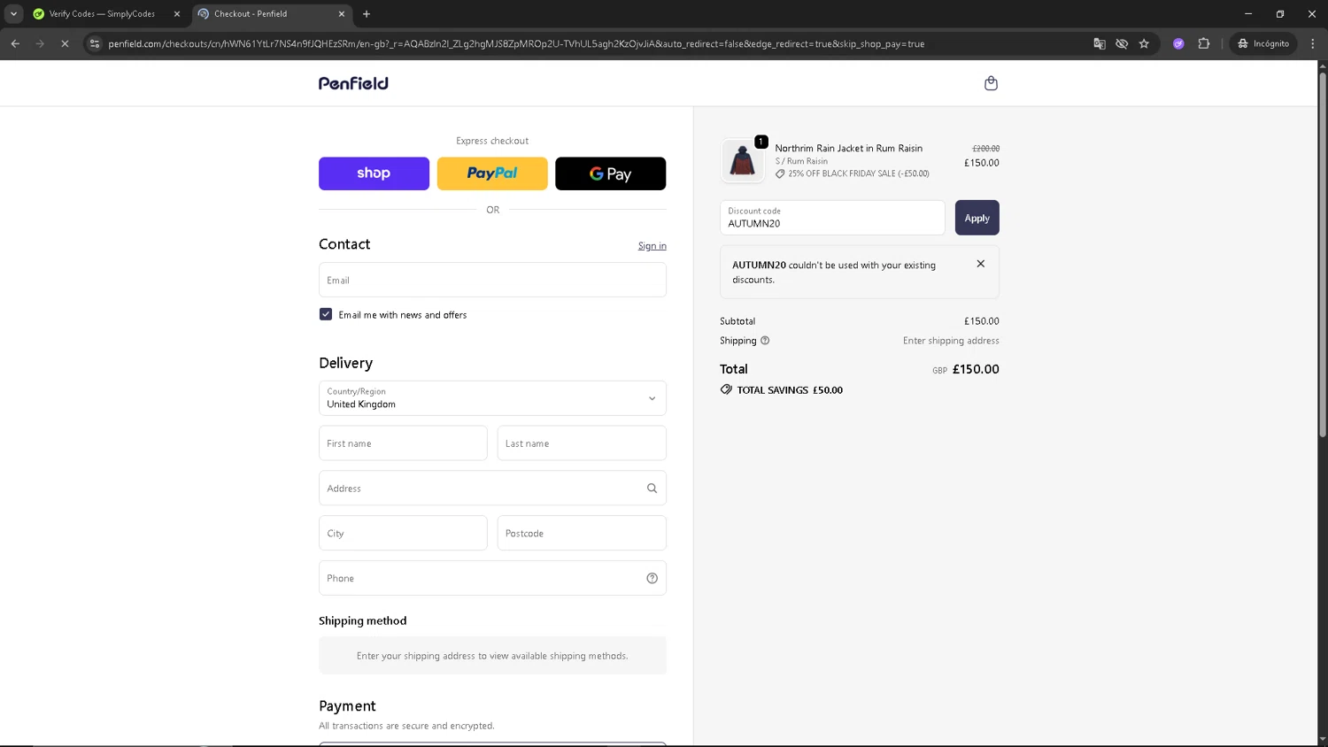 Penfield promo code screenshot showing code AUTUMN20 applied at Penfield checkout page. Uploaded by SimplyCodes community member SAKURA on Dec 4, 2025
