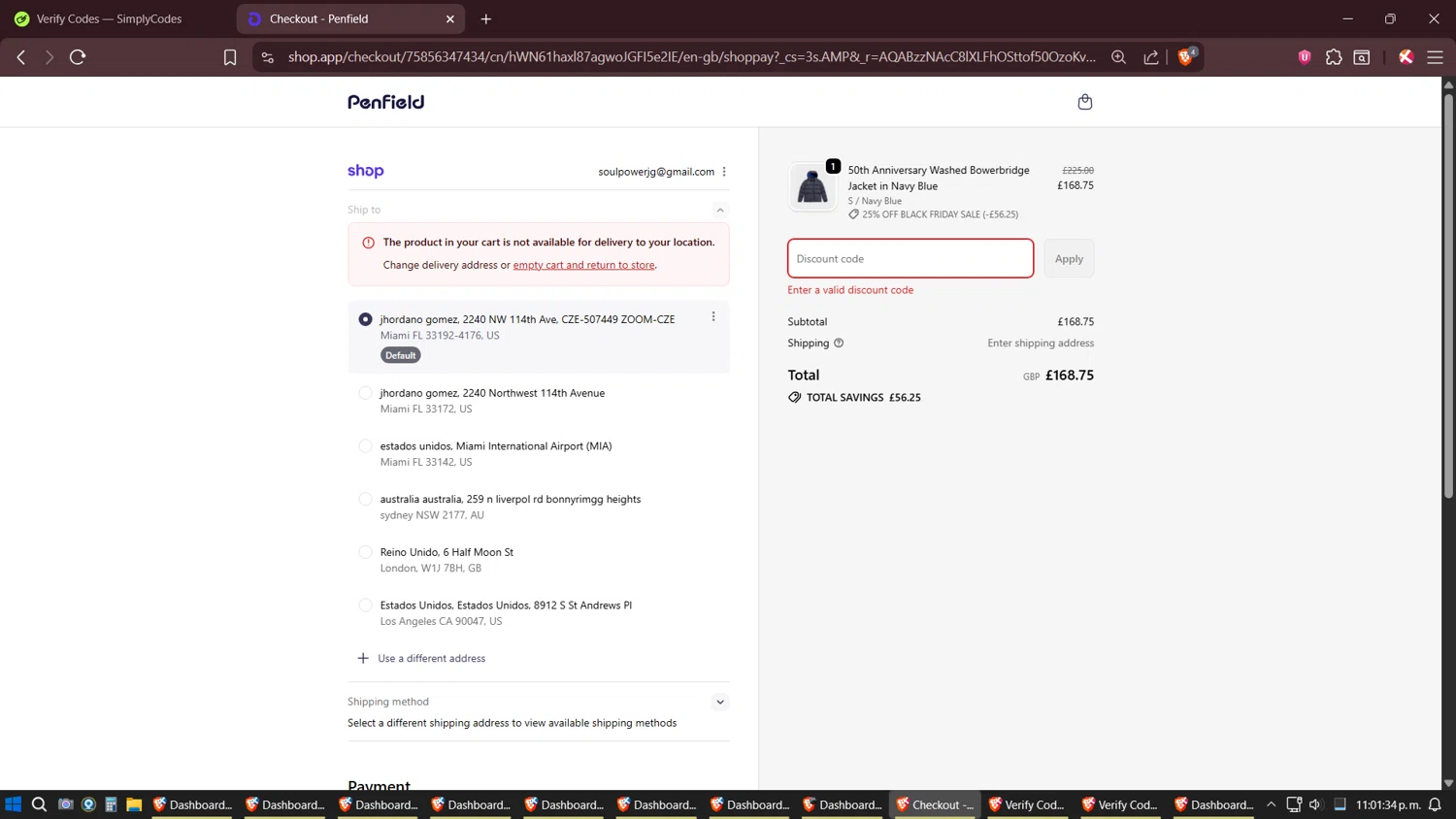 Penfield promo code screenshot showing code EXTRA10 applied at Penfield checkout page. Uploaded by SimplyCodes community member Shizuku on Dec 4, 2025
