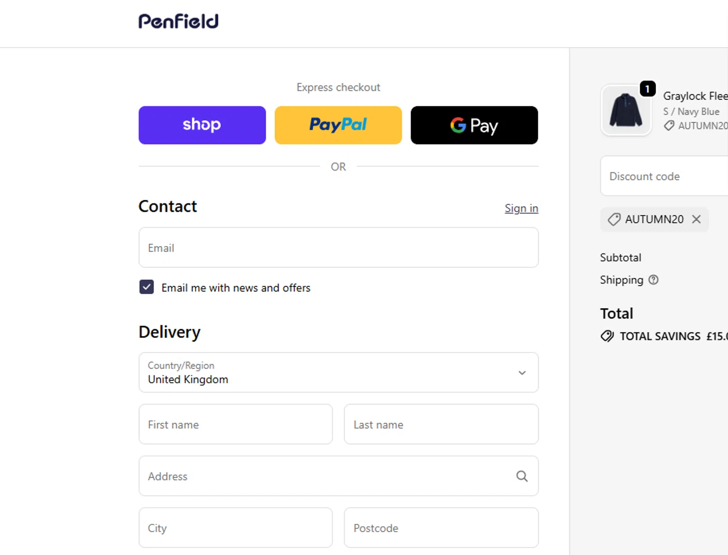 Penfield promo code screenshot showing code AUTUMN20 applied at Penfield checkout page. Uploaded by SimplyCodes community member reimalave10 on Oct 26, 2025