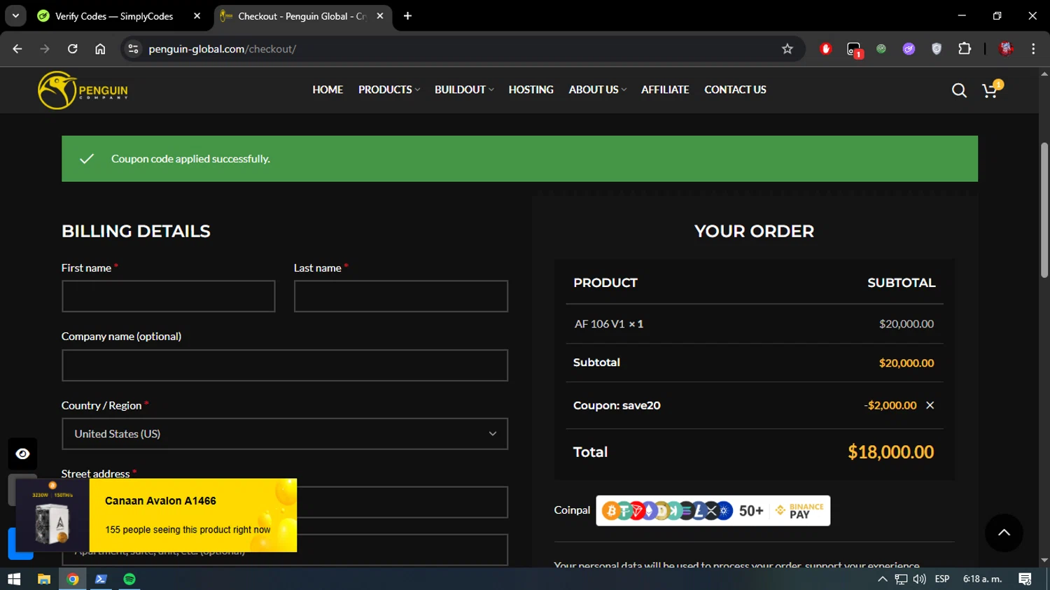 Penguin Company promo code screenshot showing code save20 applied at Penguin Company checkout page. Uploaded by SimplyCodes community member verify_codes on May 22, 2025