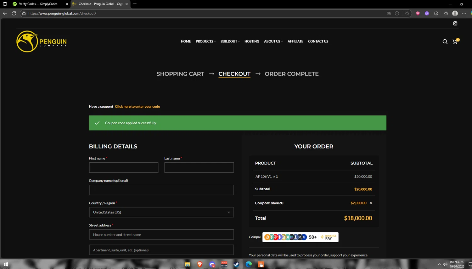 Penguin Company promo code screenshot showing code save20 applied at Penguin Company checkout page. Uploaded by SimplyCodes community member Vipera on Jul 19, 2025