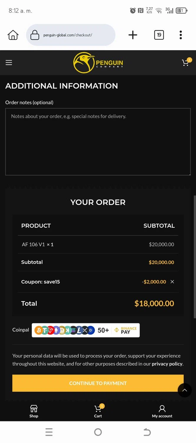 Penguin Company promo code screenshot showing code SAVE15 applied at Penguin Company checkout page. Uploaded by SimplyCodes community member DiscountCurator3335 on Jun 20, 2025