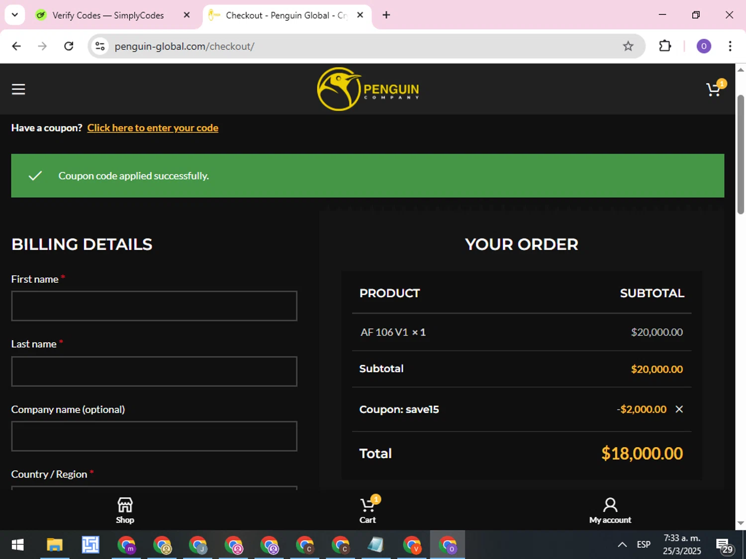 Penguin Company promo code screenshot showing code SAVE15 applied at Penguin Company checkout page. Uploaded by SimplyCodes community member CleverLynx8245 on Mar 25, 2025