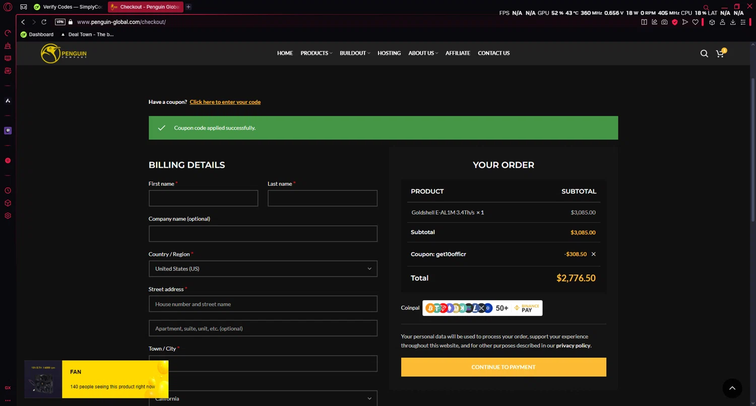 Penguin Company promo code screenshot showing code get10officr applied at Penguin Company checkout page. Uploaded by SimplyCodes community member luissi on Feb 27, 2025