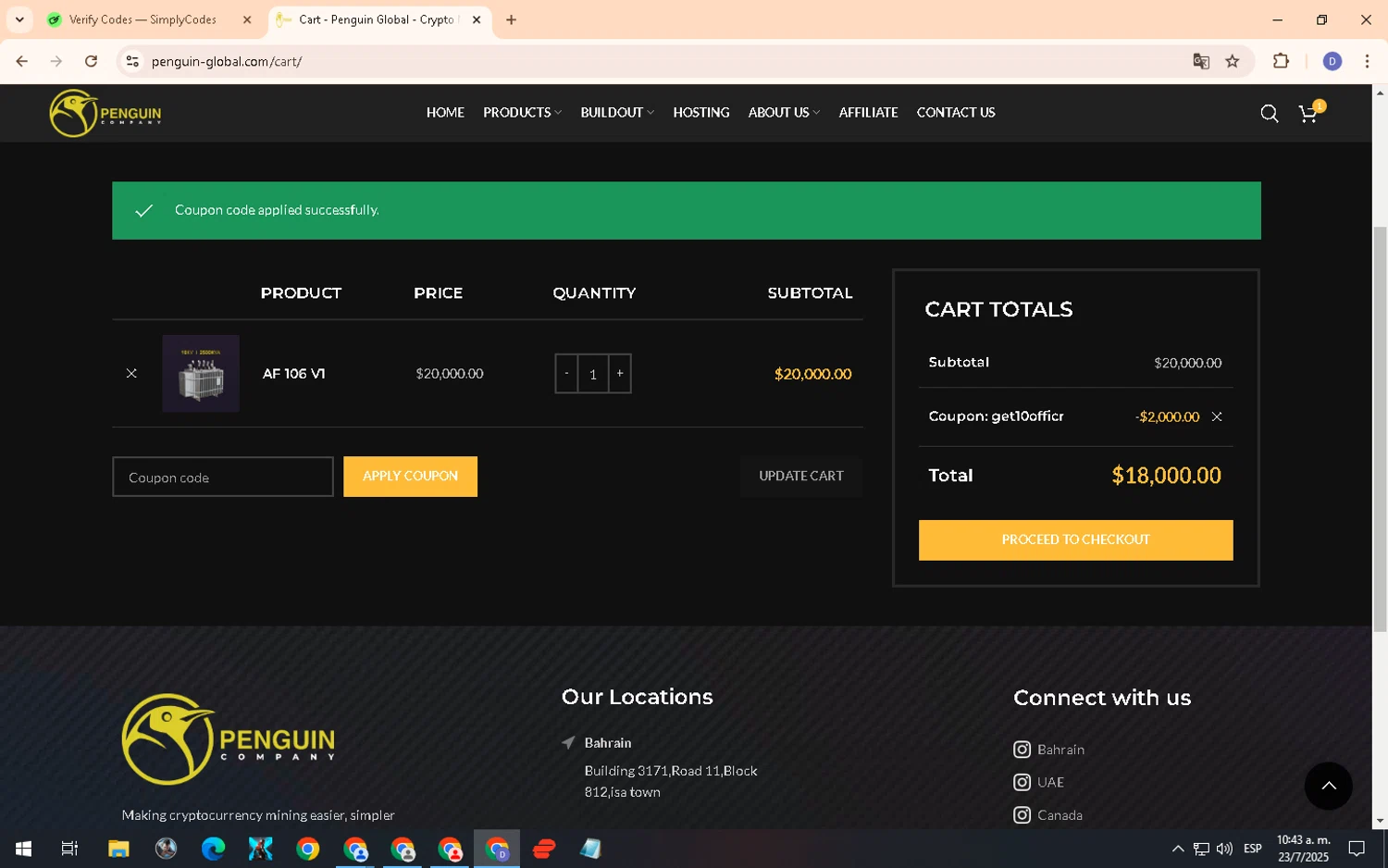 Penguin Company promo code screenshot showing code get10officr applied at Penguin Company checkout page. Uploaded by SimplyCodes community member PennyCurator6489 on Jul 23, 2025