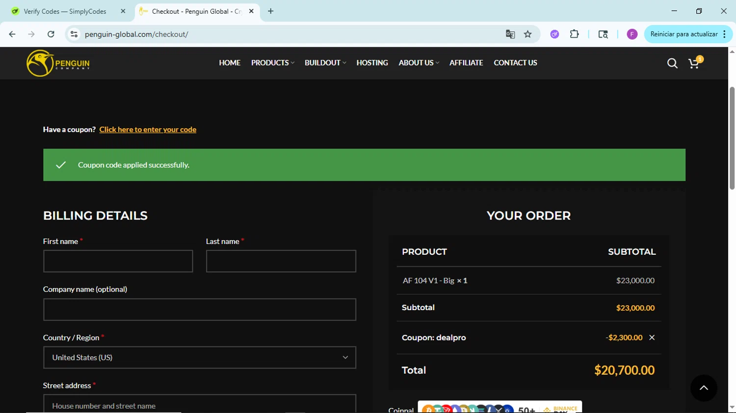 Penguin Company promo code screenshot showing code dealpro applied at Penguin Company checkout page. Uploaded by SimplyCodes community member ShieldTitan6985 on Aug 12, 2025