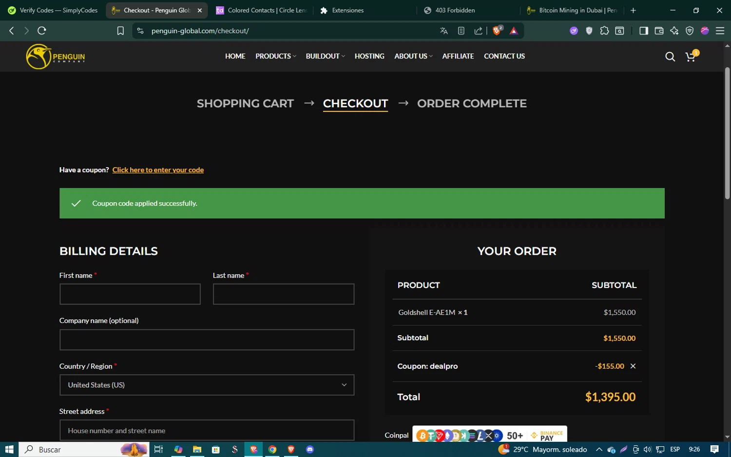 Penguin Company promo code screenshot showing code dealpro applied at Penguin Company checkout page. Uploaded by SimplyCodes community member SmartSaver5448 on Jul 14, 2025