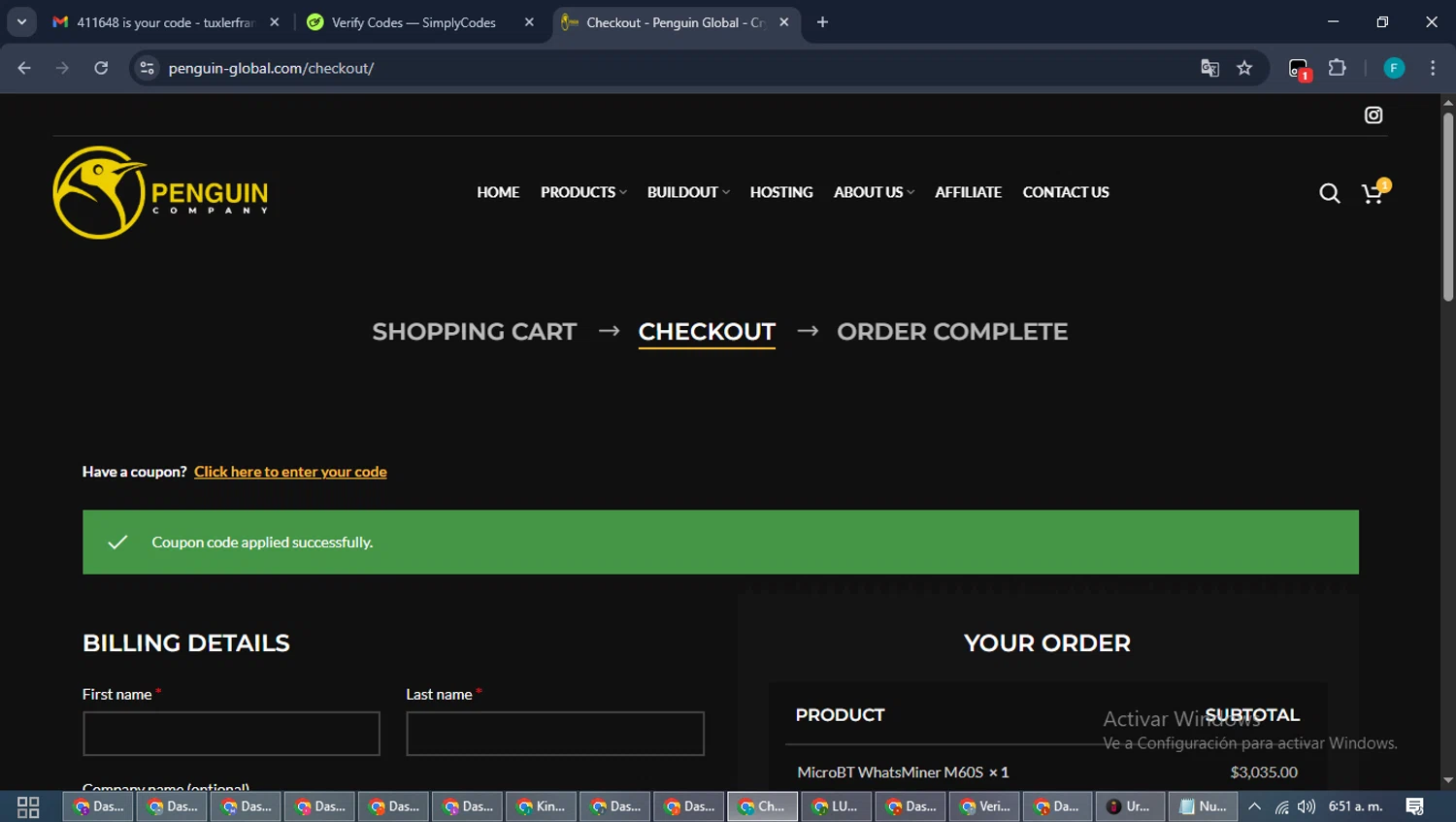 Penguin Company promo code screenshot showing code supercountsfory applied at Penguin Company checkout page. Uploaded by SimplyCodes community member ShrewdTitan3233 on Dec 16, 2025
