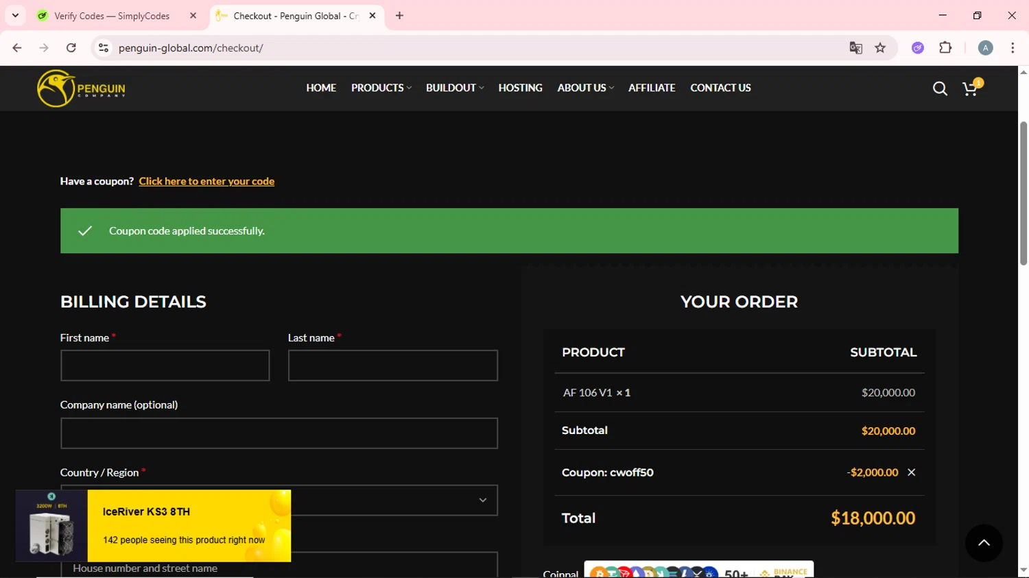 Penguin Company promo code screenshot showing code cwoff50 applied at Penguin Company checkout page. Uploaded by SimplyCodes community member CrownSpotter6947 on Dec 25, 2025