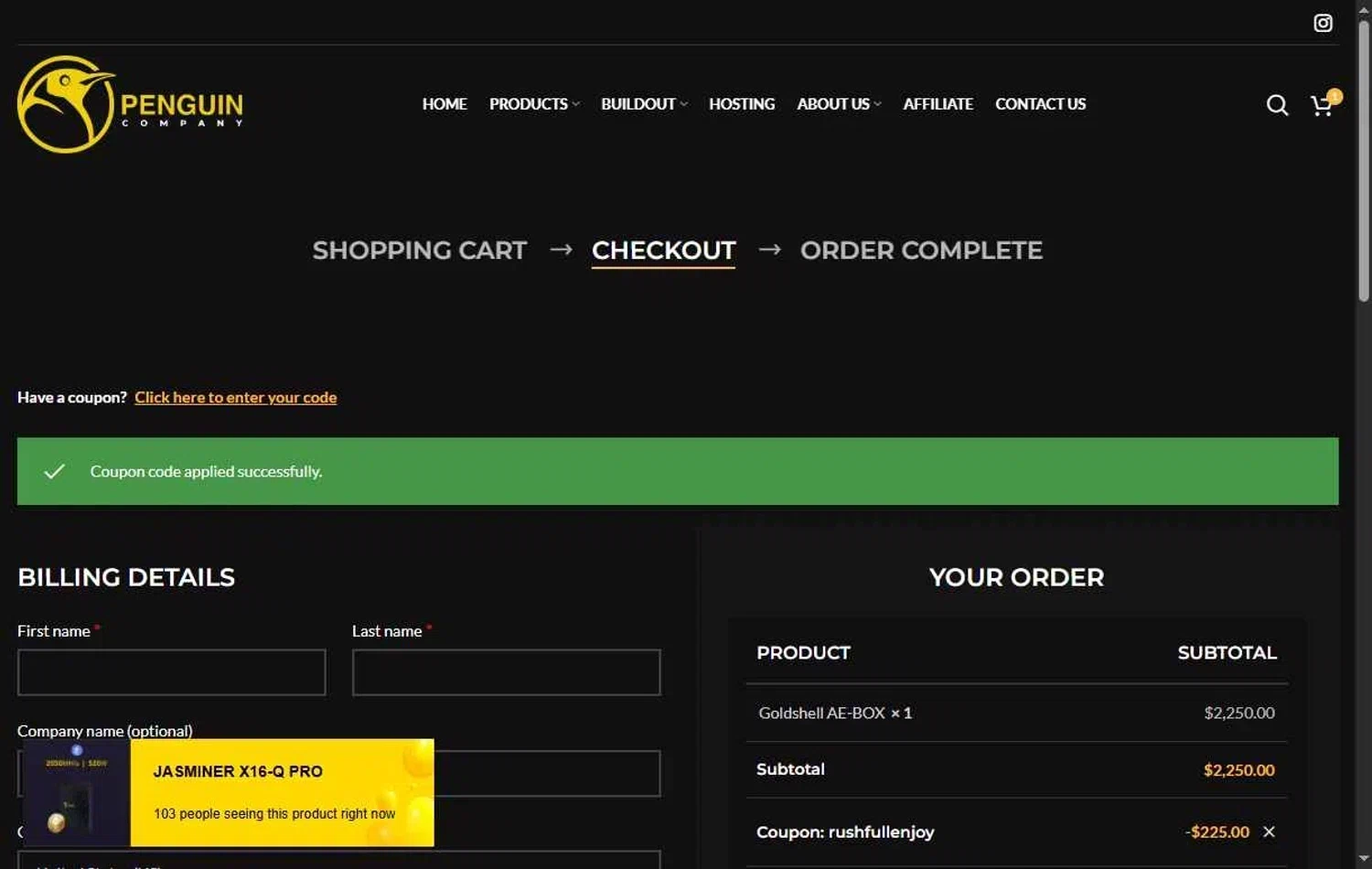 Penguin Company promo code screenshot showing code RUSHFULLENJOY applied at Penguin Company checkout page. Uploaded by SimplyCodes community member terricameron on Feb 4, 2026