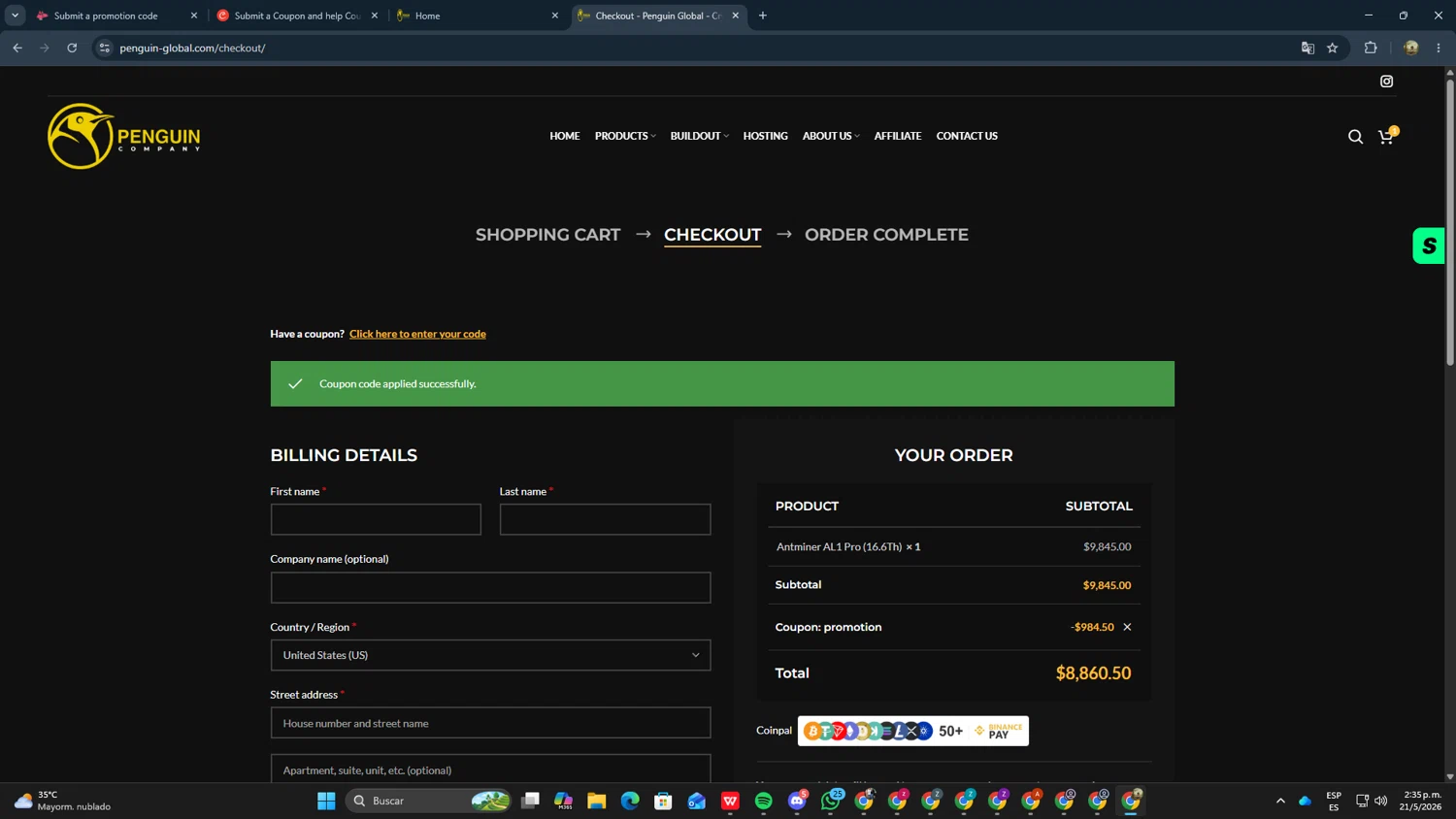 Penguin Company promo code screenshot showing code promotion applied at Penguin Company checkout page. Uploaded by SimplyCodes community member zxxx27 on May 21, 2026