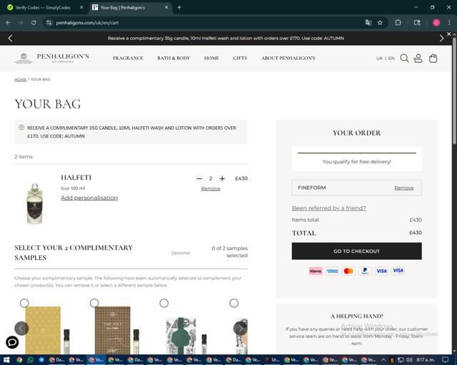 Penhaligon's checkout page showing Penhaligon's discount code box | Screenshot taken by SimplyCodes community member on Sep 8, 2025
