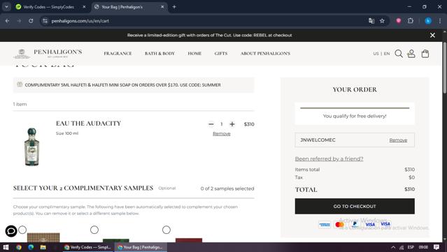 Penhaligon's checkout page showing Penhaligon's discount code box | Screenshot taken by SimplyCodes community member on Sep 5, 2025