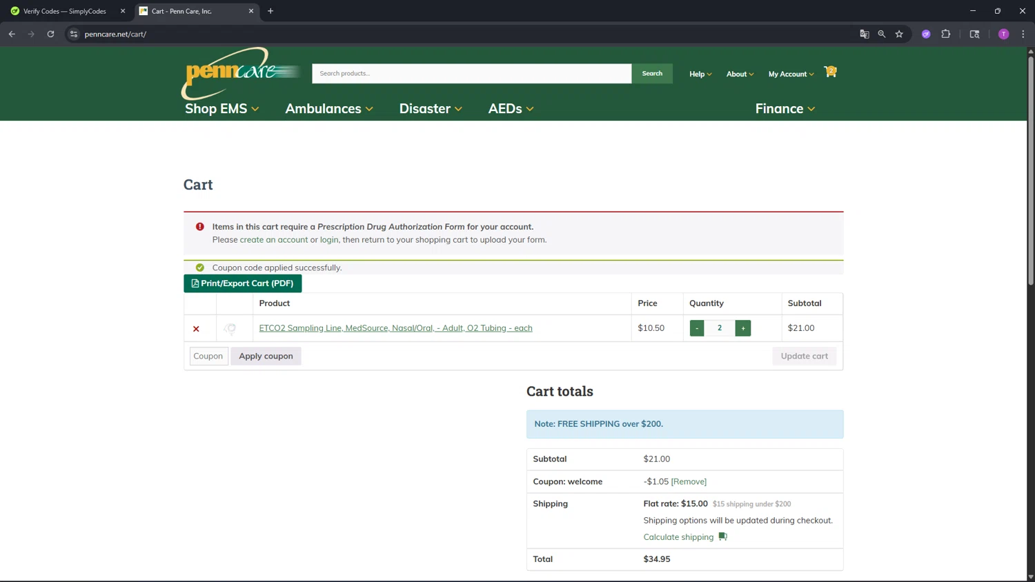 Penncare promo code screenshot showing code WELCOME applied at Penncare checkout page. Uploaded by SimplyCodes community member CleverFinder9623 on Feb 14, 2026
